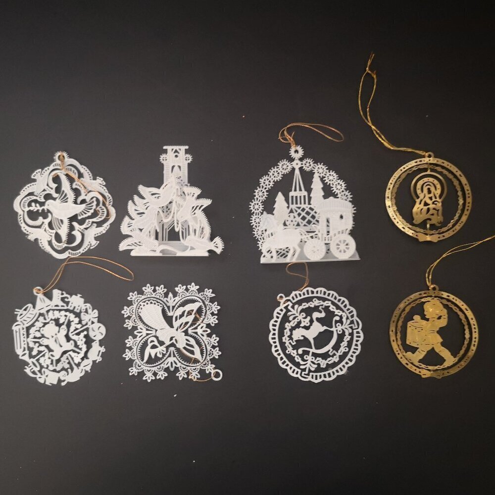 Set of 8 Christmas Winter Theme Metal Cutouts 6 White & 2 Gold Tone 2 - 3" High